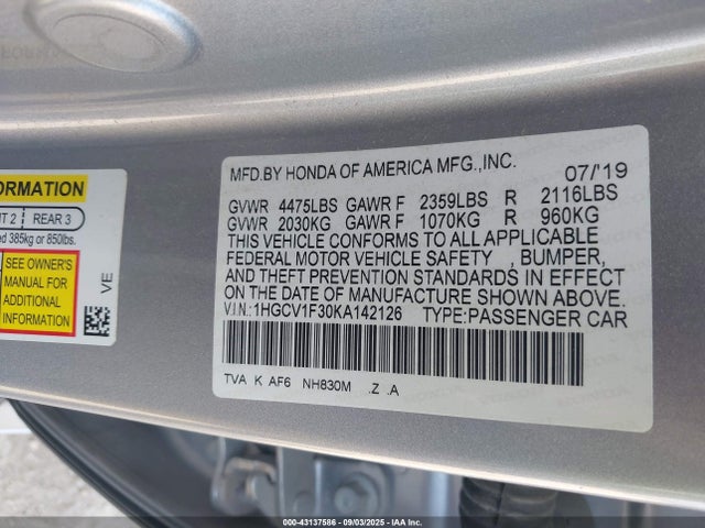 1HGCV1F30KA142126 Honda l15be