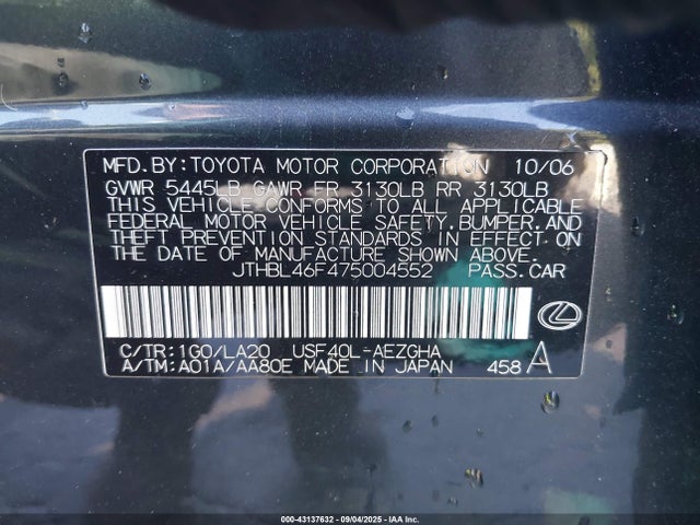 Aukcja sprzedaży 2007 Lexus Ls 460, vin: JTHBL46F475004552, numer aukcji: 43137632