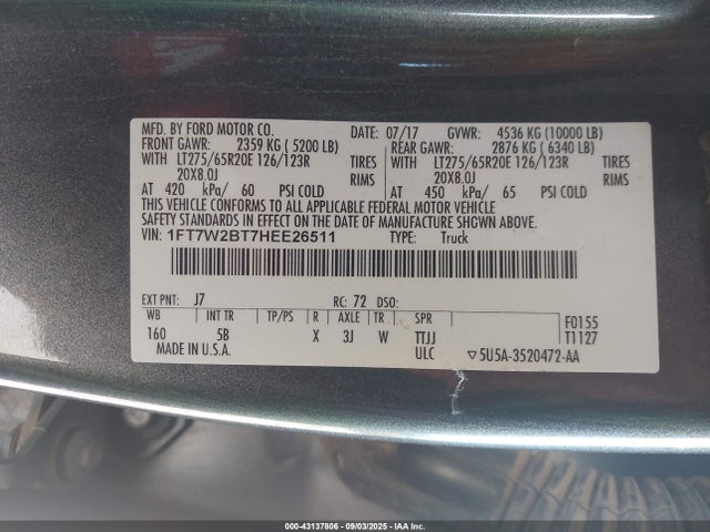 2017 Ford F-250 Lariat მანქანა იყიდება აუქციონზე, vin: 1FT7W2BT7HEE26511, აუქციონის ნომერი: 43137806
