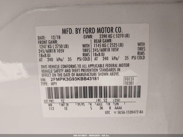 2FMPK3G93KBB43181 Ford 2.0l gtdi w/premium fuel