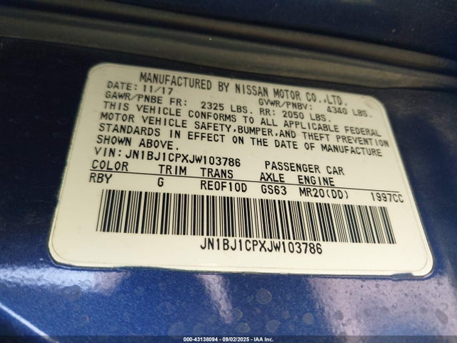 JN1BJ1CPXJW103786 Nissan ROGUE SPORT