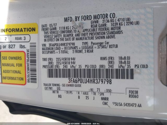 2017 FORD FUSION HYBRID 3FA6P0LU4HR379798 Photo 8