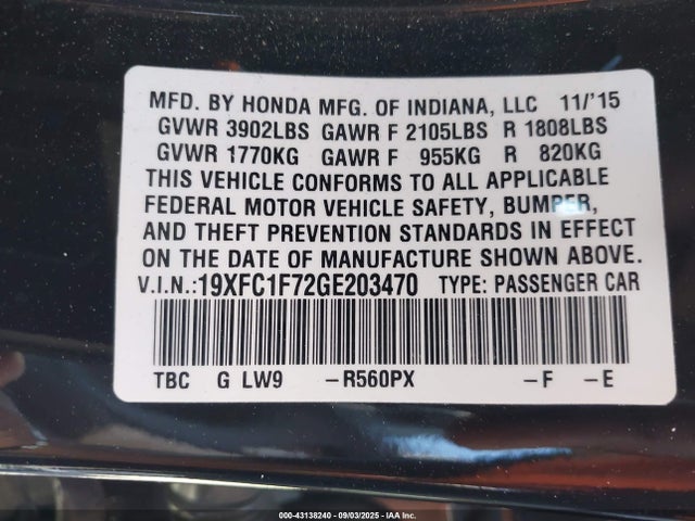 Honda l15b7 2016 19XFC1F72GE203470 Image 9