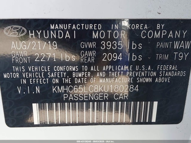 KMHC65LC8KU180284 Hyundai 2019