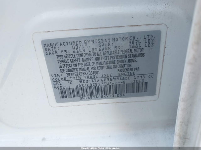 3N1AB7AP8KY334081 Nissan 2019