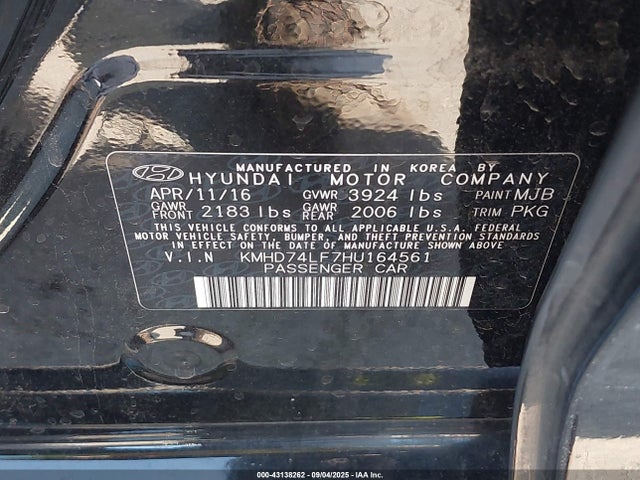Hyundai 2017 2017 KMHD74LF7HU164561 Image 9