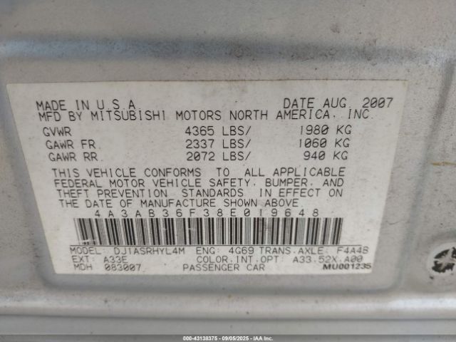 2008 MITSUBISHI GALANT 4A3AB36F38E019648 Photo 8