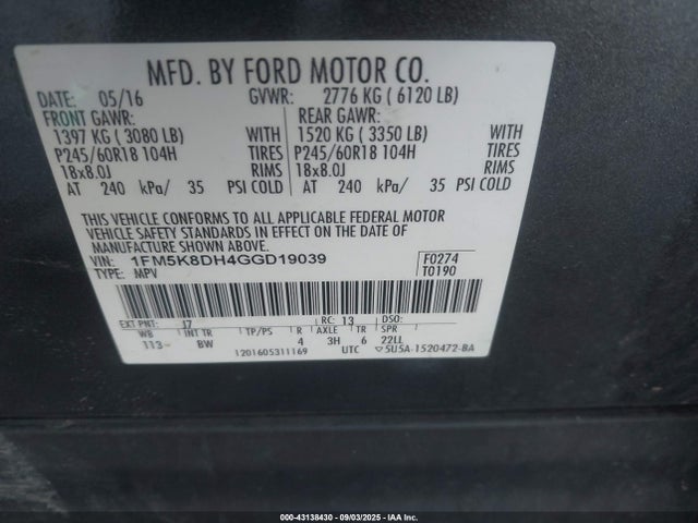 Ford Explorer 2016 1FM5K8DH4GGD19039 Image 9