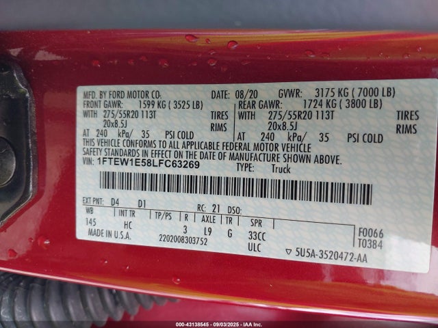 Ford 5.0l 4v 2020 1FTEW1E58LFC63269 Image 9