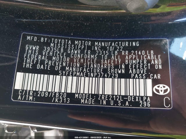 5YFEPMAE1NP374729 Toyota 2zr-fae