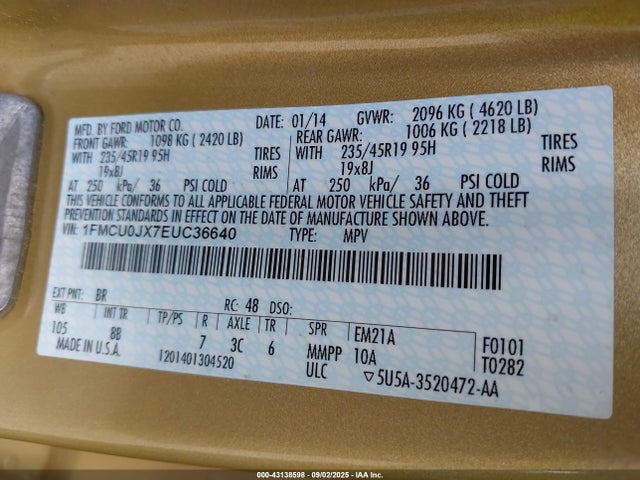 2014 Ford Escape Titanium მანქანა იყიდება აუქციონზე, vin: 1FMCU0JX7EUC36640, აუქციონის ნომერი: 43138598