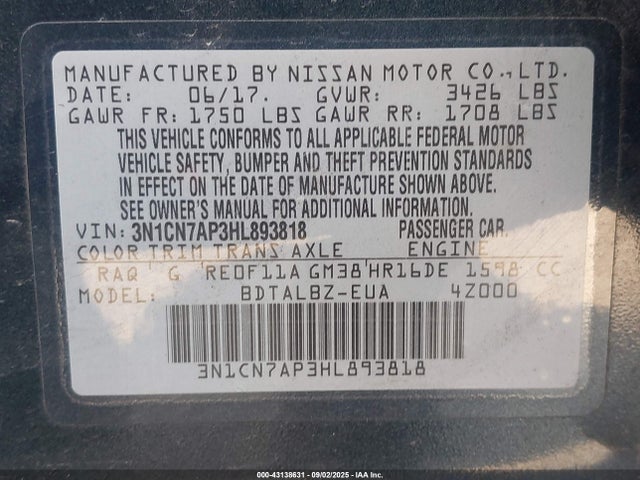 Nissan Versa 2017 3N1CN7AP3HL893818 Image 9