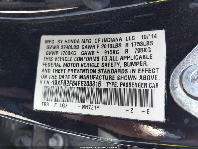 Honda r18z1 2015 19XFB2F54FE203816 Image 9