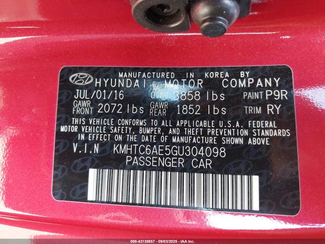 Hyundai dohc t-gdi gamma 2016 KMHTC6AE5GU304098 Image 9