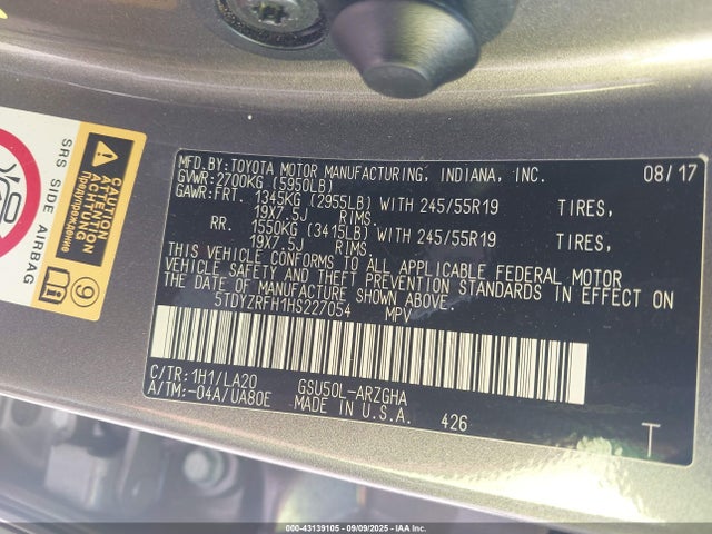 5TDYZRFH1HS227054 Toyota 2gr-fks