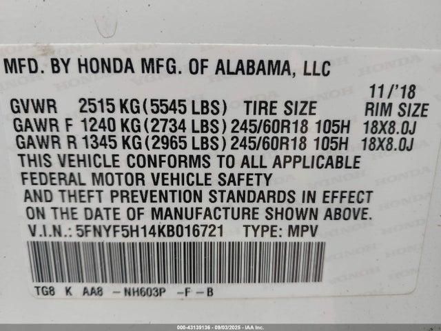 5FNYF5H14KB016721 Honda j35y6