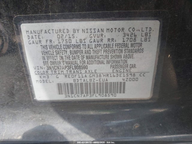 3N1CN7AP3FL908590 Nissan Versa