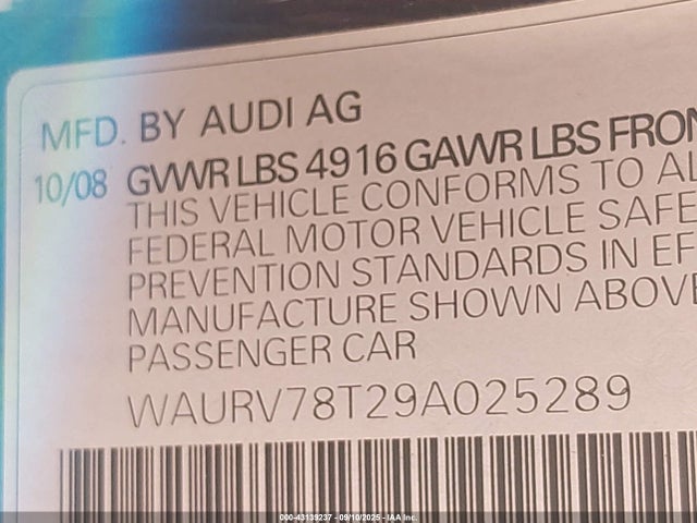 43139237 :رقم المزاد ، WAURV78T29A025289 vin ، 2009 Audi S5 4.2l مزاد بيع