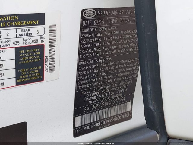 2016 LAND ROVER RANGE ROVER SPORT SALWR2VF8GA547054 Photo 8