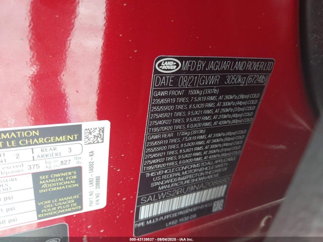 Land Rover aj20p6 2022 SALWS2RU9NA208880 Image 9