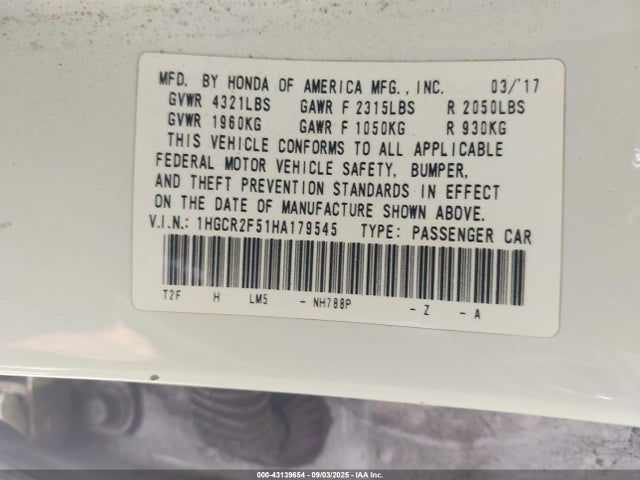 1HGCR2F51HA179545 Honda k24w1