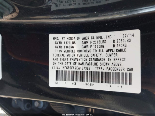 Honda k24w1 2014 1HGCR2F52EA167397 Image 9