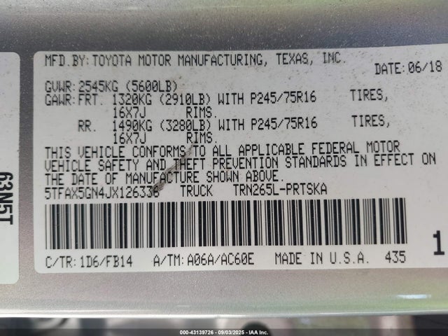 5TFAX5GN4JX126336 Toyota 2tr-fe
