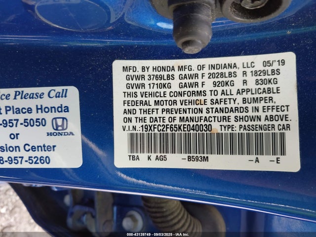 Honda k20c2 2019 19XFC2F65KE040030 Image 9