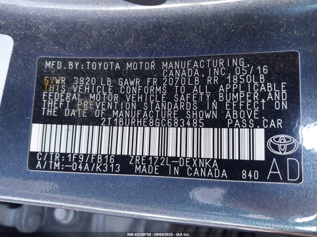 2T1BURHE8GC683485 Toyota 2zr-fe