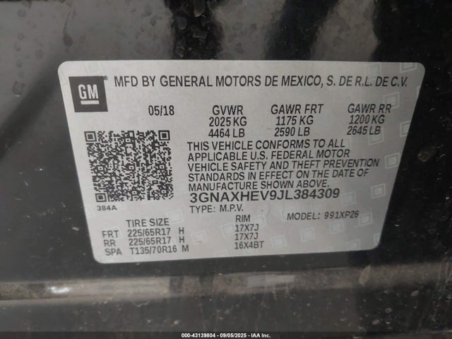 3GNAXHEV9JL384309 Chevrolet lyx - direct injection, vvt, fgt, turbo, alum, gen1
