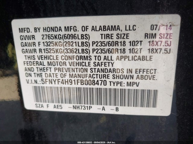 Honda j35z4 2015 5FNYF4H91FB008470 Image 9