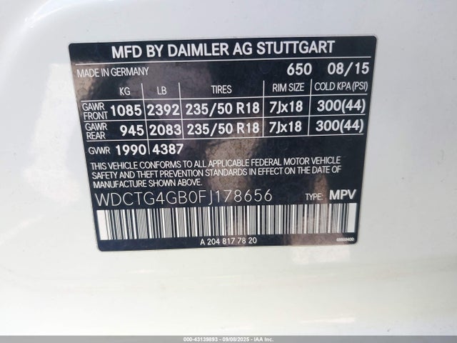 Mercedes-Benz 2015 2015 WDCTG4GB0FJ178656 Image 9