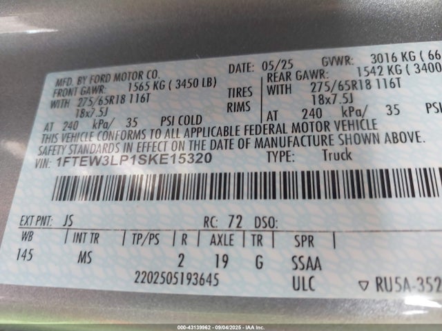 Ford 4v 2025 1FTEW3LP1SKE15320 Image 9