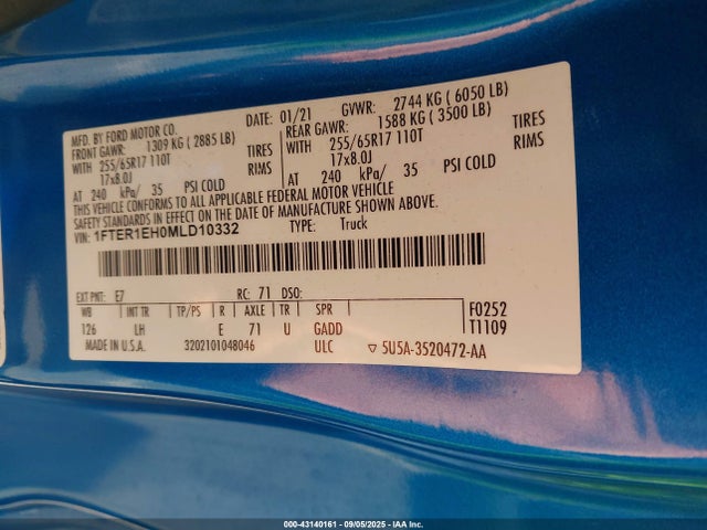 Ford Ranger 2021 1FTER1EH0MLD10332 Image 9