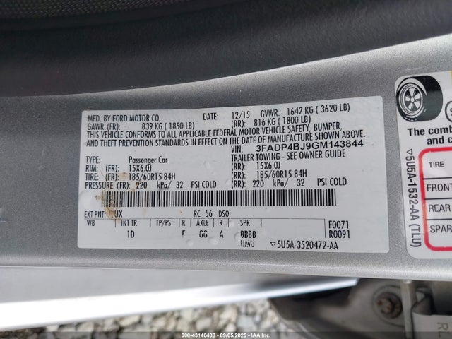 3FADP4BJ9GM143844 Ford 1.6l ti-vct premium fuel
