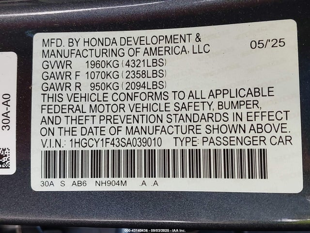 1HGCY1F43SA039010 Honda ACCORD SE