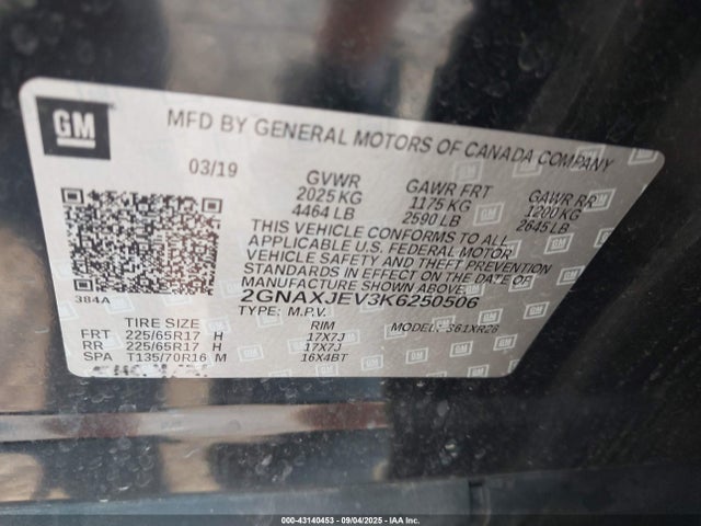 Продаж на аукціоні авто 2019 Chevrolet Equinox Lt, vin: 2GNAXJEV3K6250506, номер лоту: 43140453