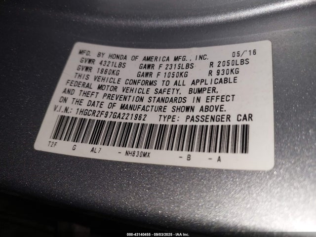 1HGCR2F97GA221962 Honda k24w1