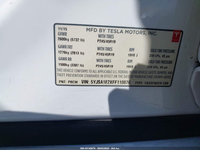 2015 TESLA MODEL S 5YJSA1E2XFF110876 Photo 8