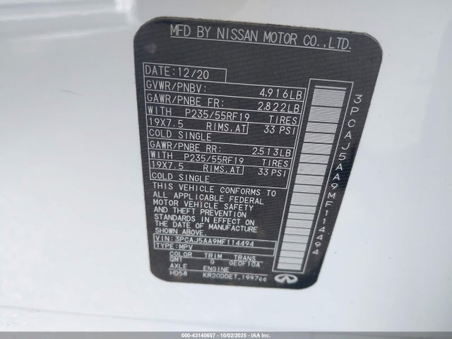 Продаж на аукціоні авто 2021 Infiniti Qx50 Pure, vin: 3PCAJ5AA9MF114494, номер лоту: 43140657