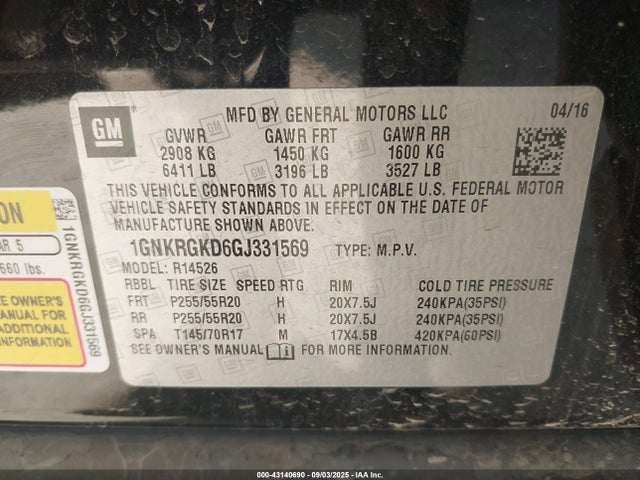 1GNKRGKD6GJ331569 Chevrolet llt - sidi, alum, 60 degrees