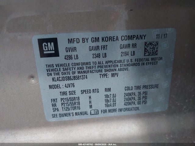 KL4CJDSB6JB581374 Buick luv: mfi, variable valve timing, alum, e85 max