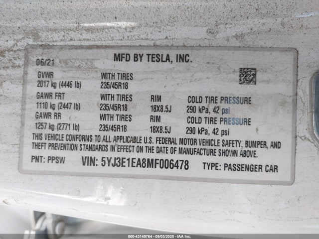 2021 TESLA MODEL 3 5YJ3E1EA8MF006478 Photo 8