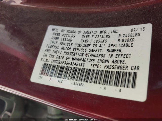 Honda k24w1 2015 1HGCR2F58FA246459 Image 9