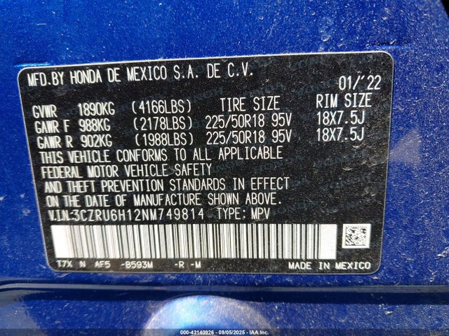 3CZRU6H12NM749814 Honda r18z9