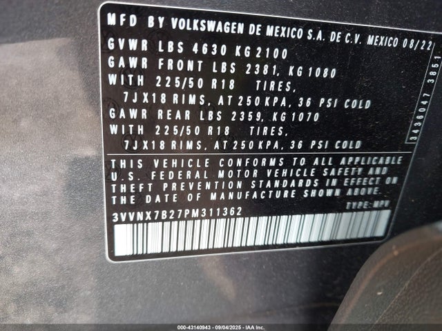 Aukcja sprzedaży 2023 Volkswagen Taos 1.5t Se, vin: 3VVNX7B27PM311362, numer aukcji: 43140943