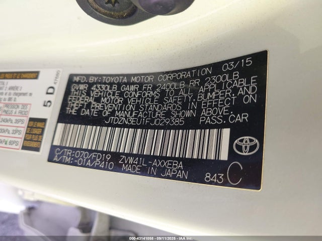 JTDZN3EU1FJ029385 Toyota 2zr-fxe+5jm