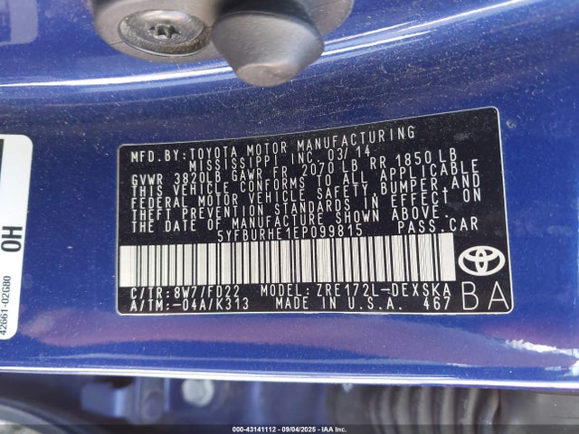 5YFBURHE1EP099815 Toyota 2zr-fe