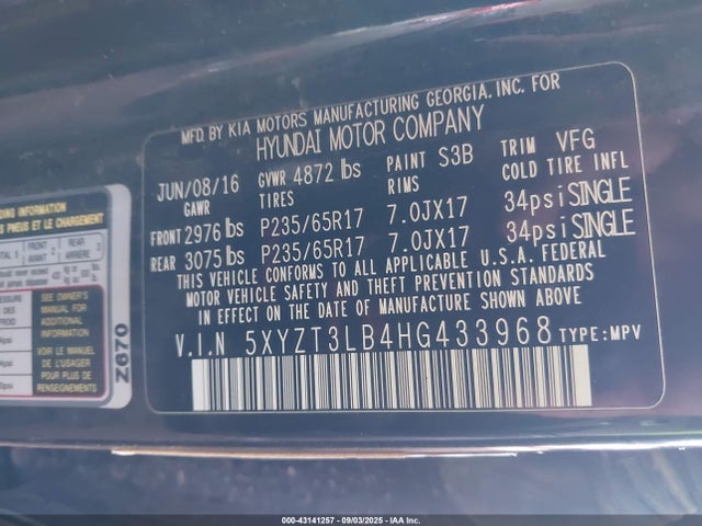 5XYZT3LB4HG433968 Hyundai gdi theta ii