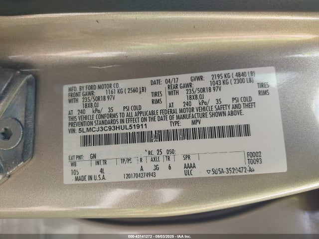 5LMCJ3C93HUL51911 Lincoln 2.0l ecoboost